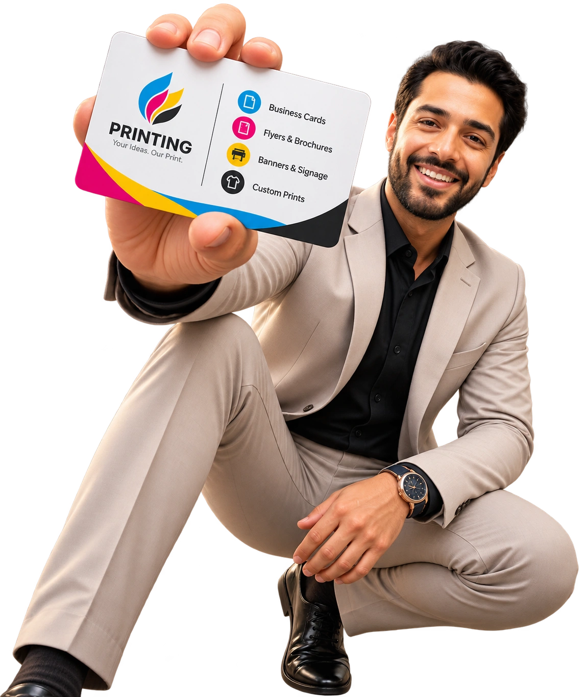 Man holding a custom-printed business card from Alhana