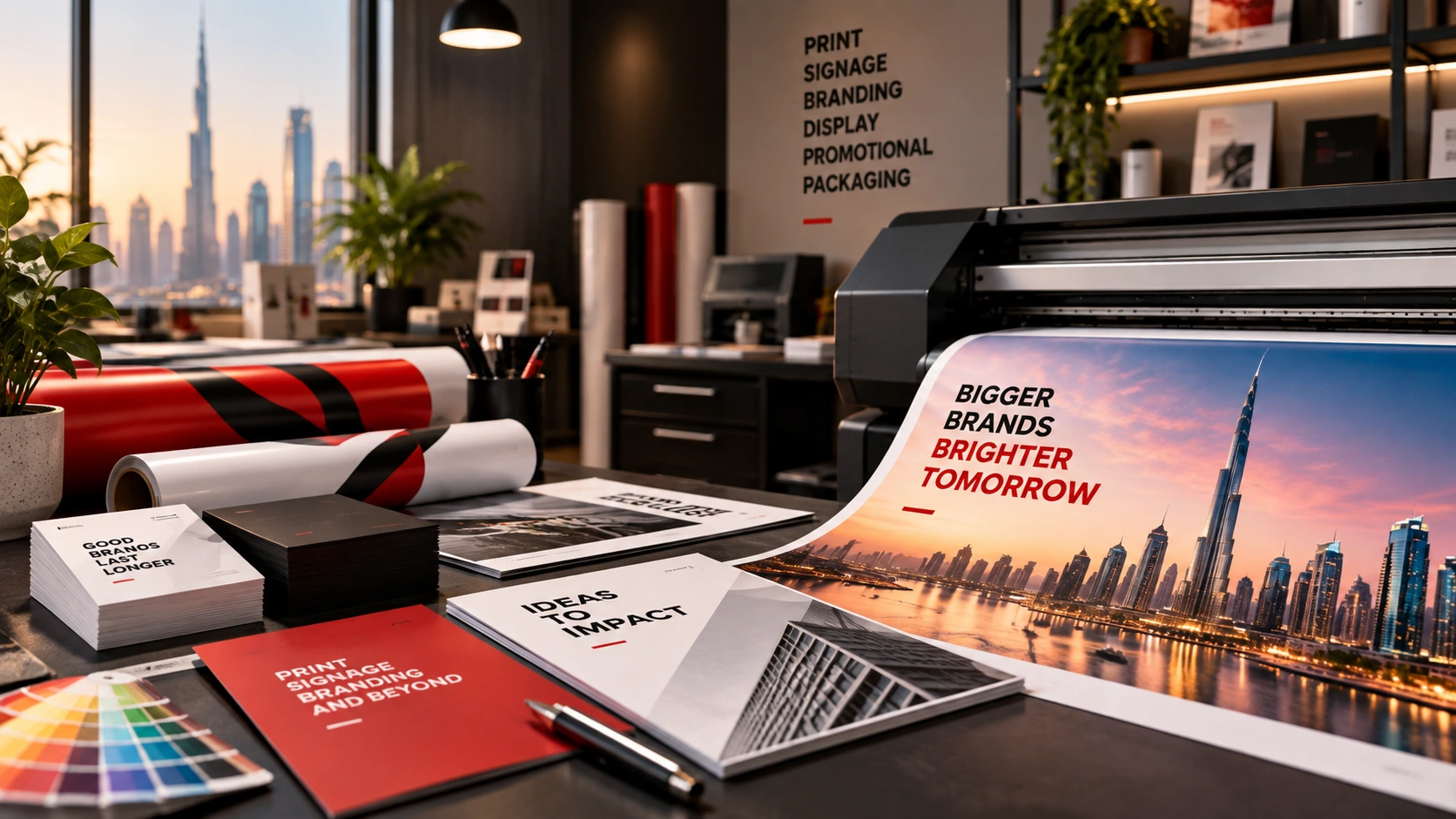 Large-format printer producing a branded Dubai skyline poster