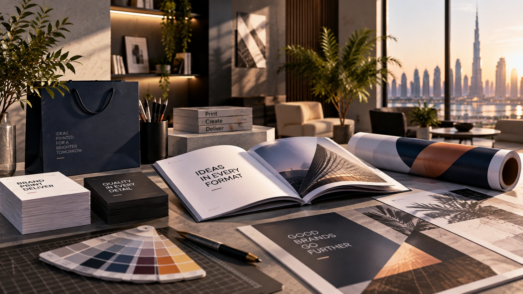 Branded print collateral and packaging laid out in the studio